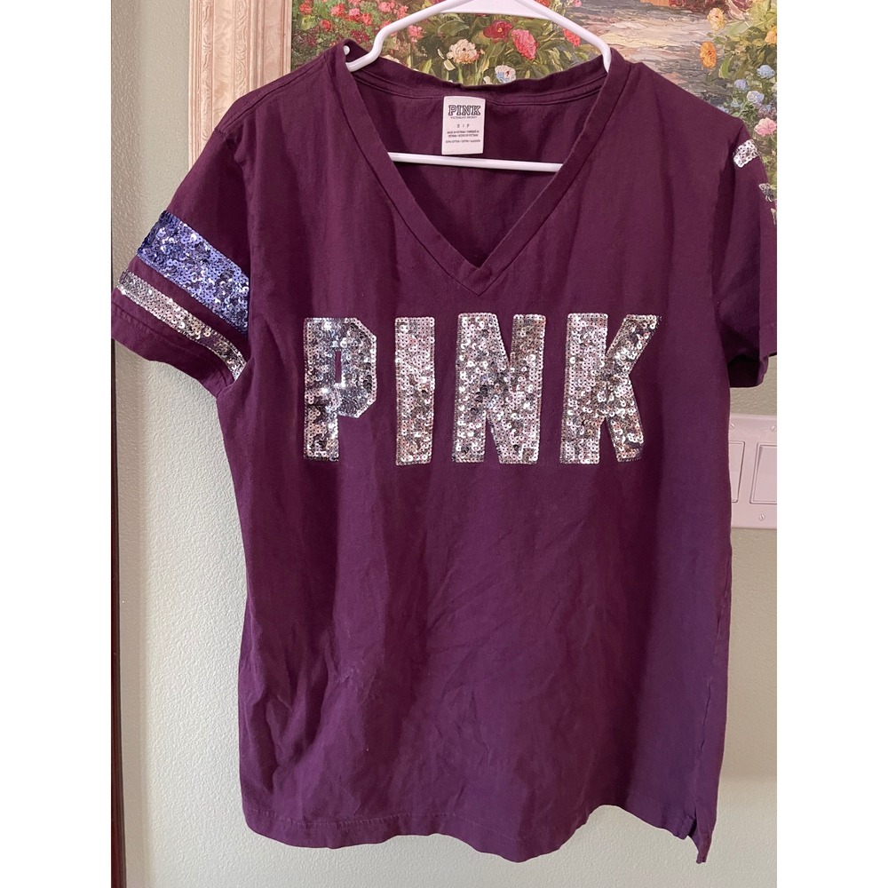 Victoria's Secret Pink Bling Burgundy Tee Shirt Silver Sequins Small  S P Used